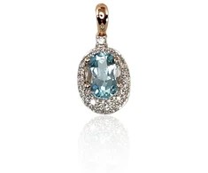 Auksinis pakabukas su brangakmeniais. Metalas: Raudonas Auksas. Praba: 585°. Akmuo: Briliantai , Mėlynas topazas - 0.98 g. - 17 mm. - Briliantai (0,096Ct), Mėlynas topazas