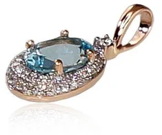 Auksinis pakabukas su brangakmeniais. Metalas: Raudonas Auksas. Praba: 585°. Akmuo: Briliantai , Mėlynas topazas - 0.98 g. - 17 mm. - Briliantai (0,096Ct), Mėlynas topazas