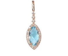 Auksinis pakabukas su brangakmeniais. Metalas: Raudonas Auksas. Praba: 585°. Akmuo: Briliantai , Mėlynas topazas - 1.08 g. - 25 mm. - Briliantai (0,084Ct), Mėlynas topazas