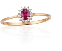 Auksinis žiedas su brangakmeniais. Metalas: Raudonas Auksas. Praba: 585°. Akmuo: Briliantai , Rubinas - 17 - 0.86 g. - Briliantai (0,038Ct), Rubinas (0,196Ct)