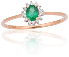 Auksinis žiedas su brangakmeniais. Metalas: Raudonas Auksas. Praba: 585°. Akmuo: Briliantai , Smaragdas - 17 - 0.82 g. - Briliantai (0,033Ct), Smaragdas (0,234Ct)