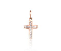 Auksinis pakabukas kryželis. Metalas: Raudonas/Baltas Auksas. Praba: 585°. Akmuo: Cirkonai - 0.36 g. - 19 mm.