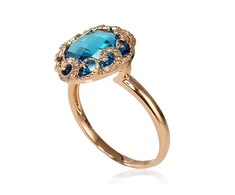 Auksinis žiedas su brangakmeniais. Metalas: Raudonas Auksas. Praba: 585°. Akmuo: Briliantai , Mėlynas topazas - 17 - 3.35 g. - Briliantai (0,112Ct), Mėlynas topazas