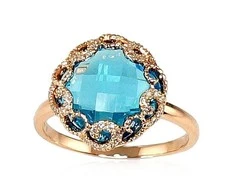 Auksinis žiedas su brangakmeniais. Metalas: Raudonas Auksas. Praba: 585°. Akmuo: Briliantai , Mėlynas topazas - 17 - 3.35 g. - Briliantai (0,112Ct), Mėlynas topazas