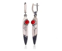 Sidabriniai auskarai anglišku užsegimu, Metalas: Sidabras, Praba: 925°, Akmuo: Koralas (Imitacija) - 8.9 g. - 63 mm.