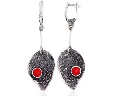 Sidabriniai auskarai anglišku užsegimu, Metalas: Sidabras, Praba: 925°, Akmuo: Koralas (Imitacija) - 9.6 g. - 64 mm.