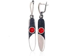 Sidabriniai auskarai anglišku užsegimu, Metalas: Sidabras, Praba: 925°, Akmuo: Koralas (Imitacija) - 9.6 g. - 57 mm.