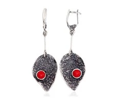 Sidabriniai auskarai anglišku užsegimu, Metalas: Sidabras, Praba: 925°, Akmuo: Koralas (Imitacija) - 9.7 g. - 64 mm.