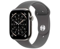 Išmanusis laikrodis „Apple Watch Series 11 GPS + Cellular“, 42 mm, natūralaus titano korpusas su akmeniniu pilkos spalvos sportiniu dirželiu – S/M