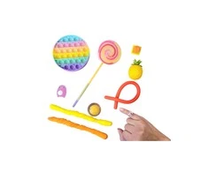 Magy Žaislų rinkinys nykštukams 10 vnt., žiedelis, šviečiantis lollipop, tampomi minkomi fidget žaislai