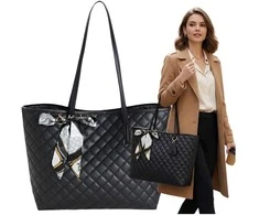 Didelė juoda dygsniuota shopper rankinė per petį