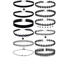 Juodas nėriniuotų chokerių rinkinys (12 vnt.)