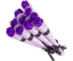 Muilinių rožių puokštė violetinė, 10 vnt., 28 cm