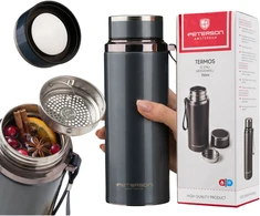 „Peterson“ 750 ml termopuodelis karštiems ir šaltiems gėrimams su sieteliu ir riešo dirželiu, pilkas, nerūdijantis plienas