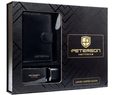Peterson dovanų rinkinys: juoda vertikalaus formato vyriška odinė piniginė su RFID apsauga ir natūralios odos diržas DS51