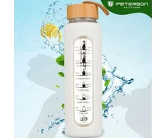 Peterson moteriška stiklinė vandens gertuvė 960 ml su silikoniniu dėklu, motyvacine matavimo skale, smėlio spalvos