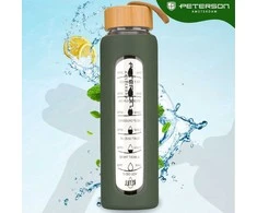 Peterson motyvacinė stiklinė vandens gertuvė su valandų žymomis, silikoniniu dėklu, 960 ml, žalia