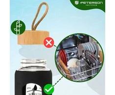 Peterson motyvacinė stiklinė vandens gertuvė su silikoniniu dėklu, juoda, 960 ml