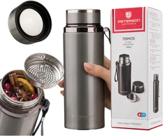 „Peterson“ plieno termopuodelis 750 ml su arbatos sieteliu, sidabrinis, karštiems ir šaltiems gėrimams