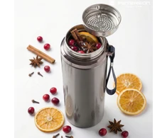 „Peterson“ plieno termopuodelis 750 ml su arbatos sieteliu, sidabrinis, karštiems ir šaltiems gėrimams