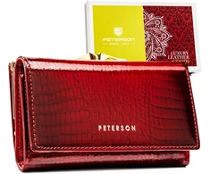 Peterson raudona moteriška piniginė iš lakuotos natūralios odos su spaude ir metaliniu rėmeliu DS20