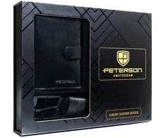 Peterson rinkinys: juoda vertikali piniginė vyrams ir eko odos diržas su klasikine sagtimi