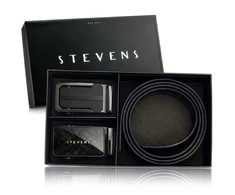 Vyriškas odinis automatinis diržas STEVENS, juodas, 2 viename rinkinys D39737