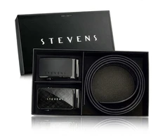 Vyriškas odinis automatinis diržas STEVENS, juodas, 2 dalių dovanų rinkinys D39736