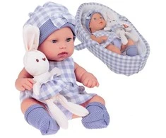 Jokomisiada Baby Doll Naujagimio lėlė pilka kepure ir suknele + triušis ZA5007