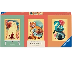 Dėlionė Ravensburger Puzzle 3x100 Pieces: Ukiyo-E Cat Warrior, Raudona Panda and Dragon &amp; Easel Set