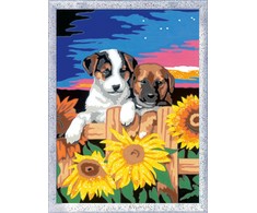 Ravensburger tapyba pagal skaičius „Šuniukai saulėgrąžose“, 18×24 cm, nuo 9 m.