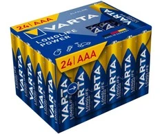 24x LR03 AAA 1,5 V šarminės Varta „Longlife Power“ baterijos, pakuotė be plastiko