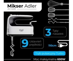 Plakiklis Adler Hand Mixer | AD 4229 | Hand Mixer | 600 W | Greičių skaičius 9 | Turbo mode | Juodas/Baltas