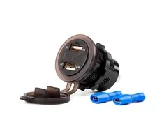 Amio Vandeniui atsparus telefono įkroviklis su skaitmeniniu voltmetru 2xUSB 12/24V MOD-06
