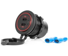 Vandeniui atsparus telefono įkroviklis su jungikliu ir raudonu LED pašvietimu, 2xUSB-C 12/24V AMIO-04224