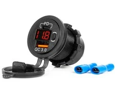 Vandeniui atsparus telefono įkroviklis su skaitmeniniu voltmetru ir raudonu LED indikatoriumi, USB + USB-C QC3.0 12/24V AMIO-04222