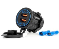 Vandeniui atsparus telefono įkroviklis su mėlynu LED apšvietimu, 2xUSB QC3.0 12/24V AMIO-04218