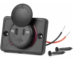 Kvadratinis atsparus vandeniui telefono įkroviklis su raudonu LED apšvietimu, 2x USB-C, 12/24V – AMIO-04232