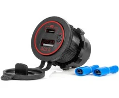 Vandeniui atsparus telefono įkroviklis su raudonu LED apšvietimu, 2xUSB QC3.0 12/24V AMIO-04221