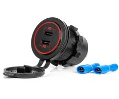 Vandeniui atsparus telefono įkroviklis su raudonu LED apšvietimu, 2xUSB-C 12/24V AMIO-04223