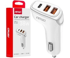 Automobilinis įkroviklis 2x USB-A + USB-C 38W 12/24V AMiO-03886