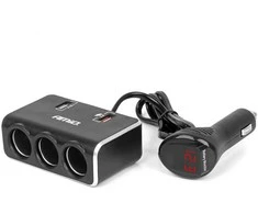 Trijų lizdų prailgintojas su įkrovikliu ir skaitmeniniu ekranu 2x USB-A QC 3.0 12/24V 120W 80 cm AMIO-04364