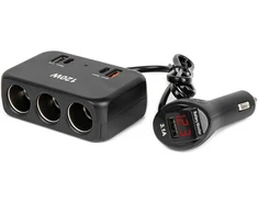 Trijų lizdų prailgintojas su įkrovikliu ir skaitmeniniu ekranu 2x USB-A + 1x USB-C QC 4.0 12/24V 120W 80 cm AMIO-04366