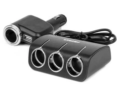 Trijų lizdų prailgintojas su įkrovikliu 1x USB-A + 1x cigarečių uždegiklis 12/24V 120W 80 cm AMIO-04360