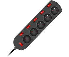 Elgotech Prailginimo laidas 3x1mm 5 lizdai + 6 jungikliai 1,5m juodas EPS-501,5W6-2