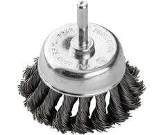 Szczotka 75 mm vielinis puodelio formos šepetys, susukta plieninė viela, su 6 mm kotu