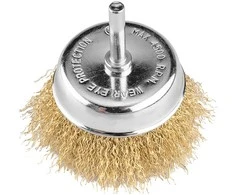 Szczotka 75 mm vielinis šepetys puodelio formos, gofruota viela, padengtas žalvariu, su 6 mm kotu