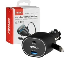 Greitas automobilinis įkroviklis 3.0 su 30W USB-C ištraukiamu kabeliu PD20W AMIO-04176