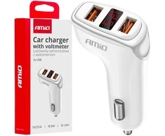 Automobilinis įkroviklis 2x USB-A + battery check 3.1A 12/24V AMiO-03887