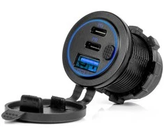 Vandeniui atsparus telefono įkroviklis su jungikliu ir mėlynu LED apšvietimu, USB + 2xUSB C QC3.0 12/24V AMIO-04596